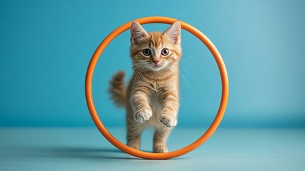 Adorable cat balancing with a hoop, showcasing agility and playfulness, embodying the fun of feline playtime