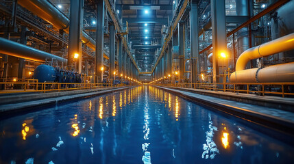 Saudi Arabian water desalination plant, massive pipelines transporting purified seawater, high-tech filtration systems ensuring clean drinking water for urban areas
