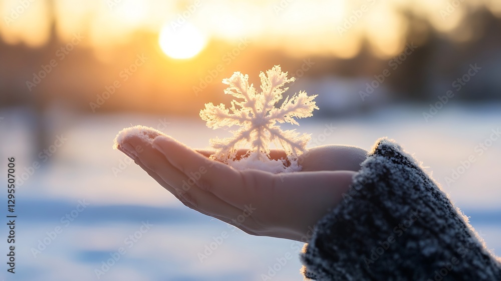 Aufkleber Beautiful Winter Scene with Unique Snowflake in Hand Against Sunset Background : Generative AI