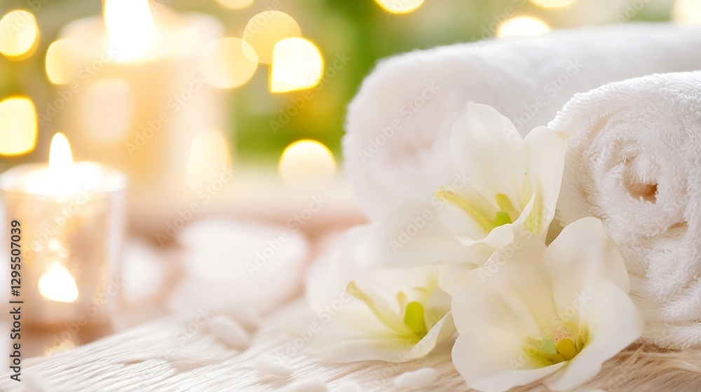 Poster Elegant Spa Setting with Soft Towels and Fresh Flowers in a Relaxing Ambiance : Generative AI
