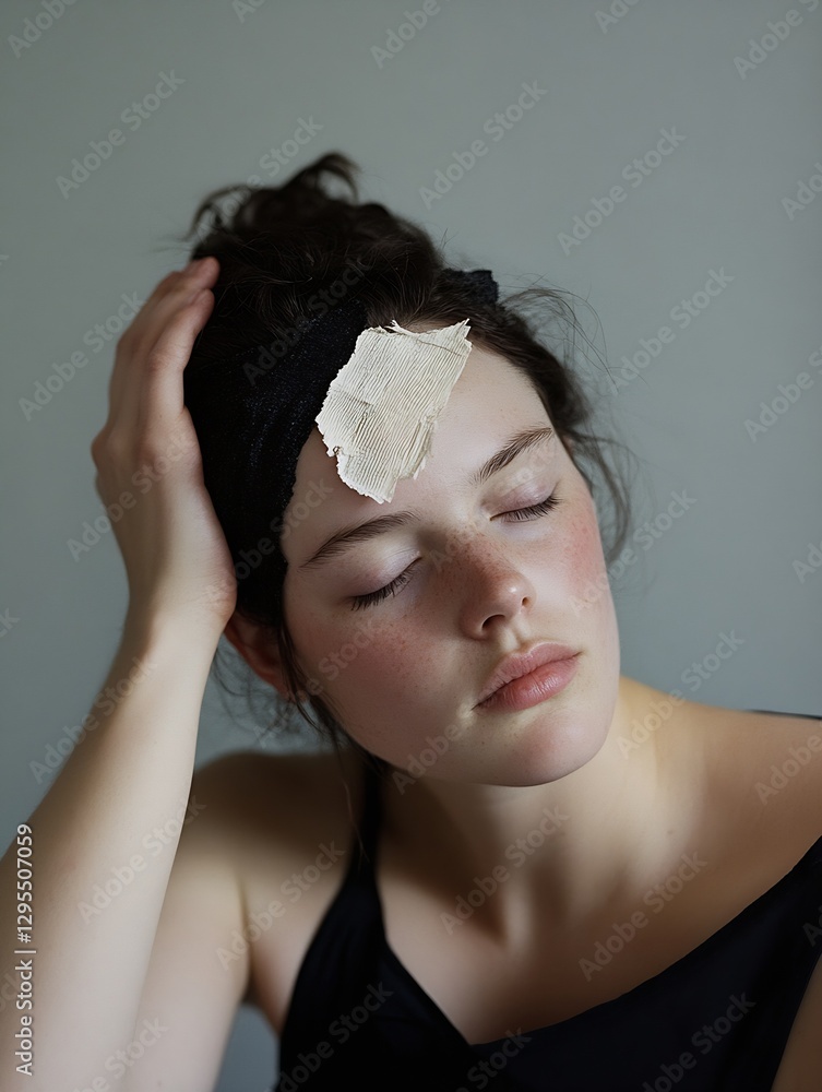 Poster close up of a young woman with a bandage on her forehead expressing calmness and introspection : gen