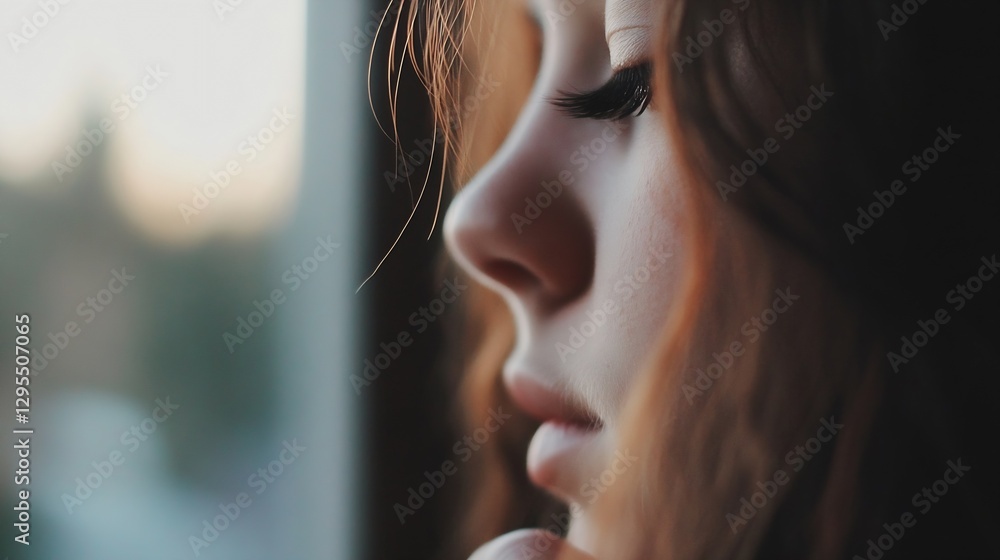 Aufkleber Contemplative Woman Gazing Thoughtfully Out the Window Capturing Introspection and Emotion : Generative AI
