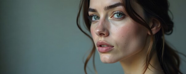 Muted gray female face with soft focus background, neutral, woman, monochromatic