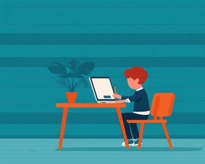 Fototapeta premium A young boy focuses on his work at a colorful desk, showcasing creativity and mindfulness in a vibrant indoor setting.