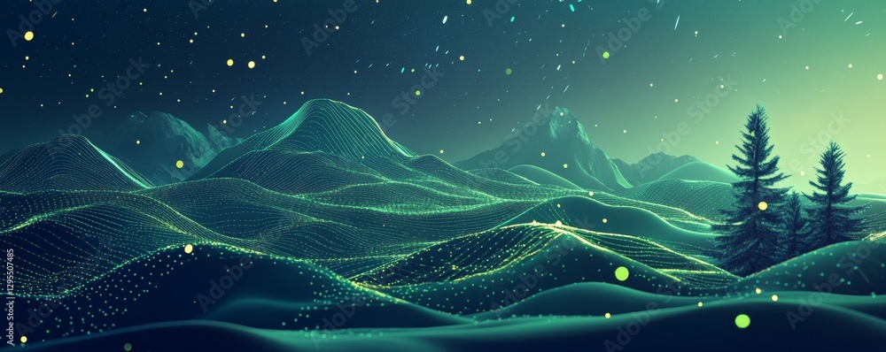 Poster 3d representation of a green mountain terrain with gradient and dots against a dark background