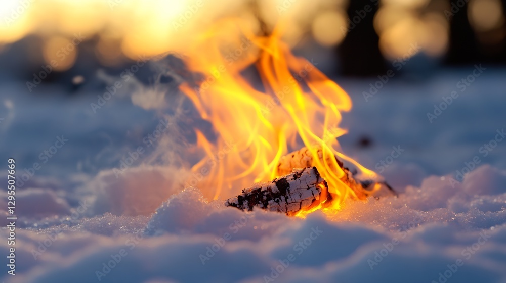Poster flames erupting from logs surrounded by snow at sunset : generative ai