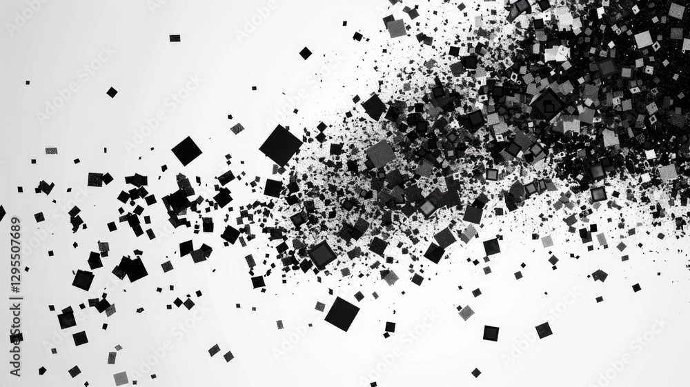 Poster Exploding black and white cubes in motion. Dramatic and intense visual effect. Digital artwork of white wall with explosion effect with black liquid splashing. Background for wallpaper. AIG53.
