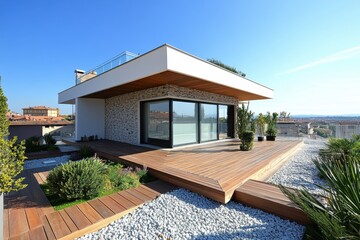 Modern rooftop garden design with wooden deck stone pebbles and lush plants under bright blue sky creating a serene urban oasis