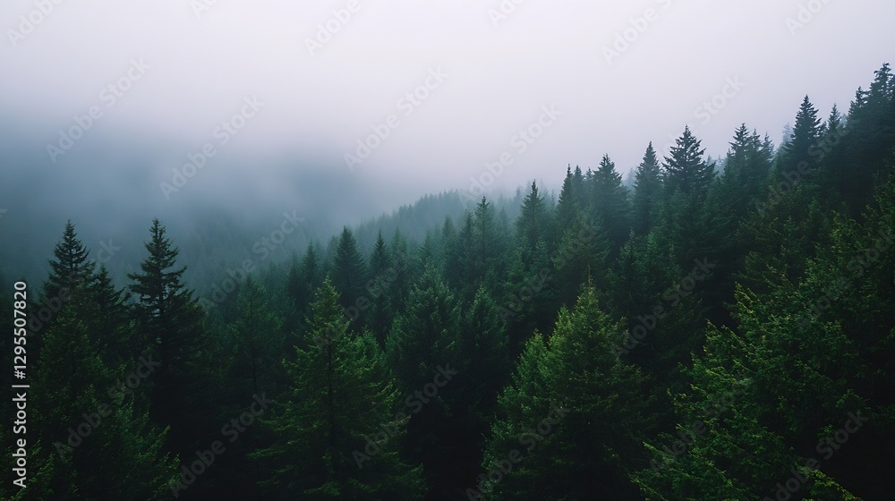 Poster Misty forest landscape filled with dense evergreen trees creating a serene and mysterious atmosphere : Generative AI