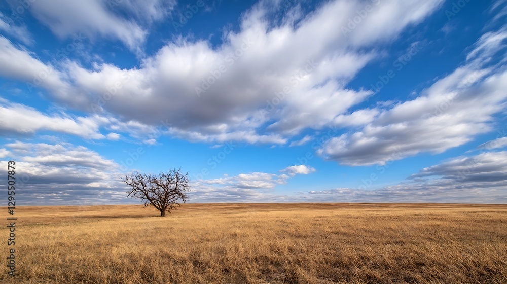 Poster vast open fields under dramatic clouds showcasing a solitary tree in the golden grassland landscape 
