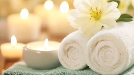 Relaxing Spa Scene with Soft Towels Candles and a White Flower for a Serene Atmosphere : Generative AI