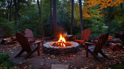 Stone fire pit with crackling fire and wooden chairs