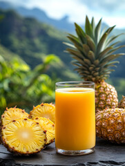Glass of fresh pineapple juice with fruit slices outdoors