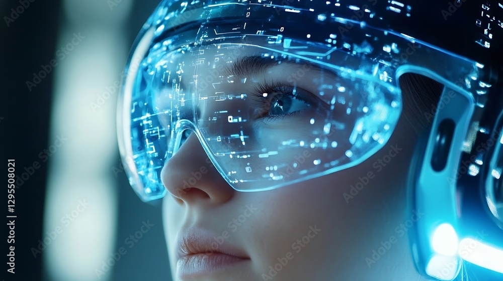 Poster Female Wearing HighTech Augmented Reality Glasses with Futuristic Digital Display : Generative AI