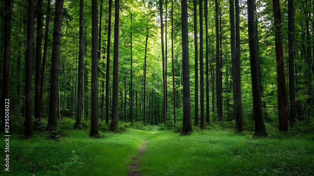 Poster serene and lush green forest pathway showing tall trees and vibrant foliage in a peaceful natural se