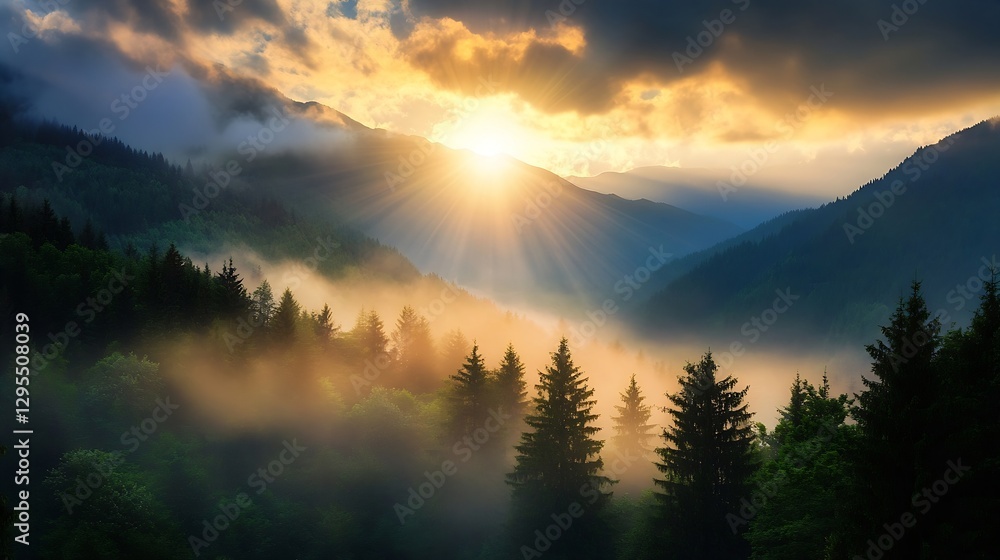 Poster breathtaking view of mountain range at sunset with mist and sunrays peeking through : generative ai