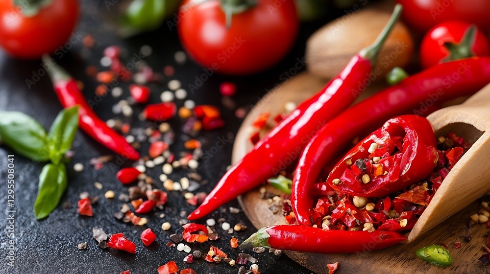 Aufkleber fresh red chilies and spices arranged on a wooden tray with tomatoes and herbs : generative ai