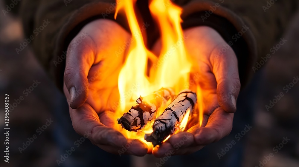Poster hands holding burning firewood with flames and charred logs in dark background : generative ai