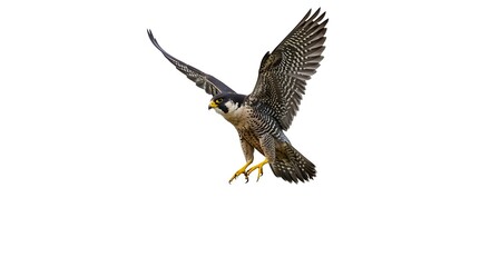 Obraz premium A powerful falcon captured mid-dive, wings tucked in, isolated on a white background
