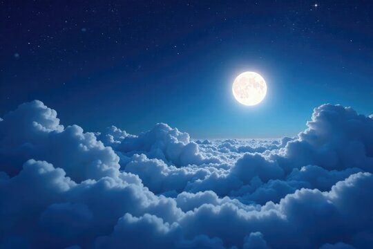 White clouds blanket the moonlit landscape under a starry night sky with an ethereal glow effect, lunar, glow - Powered by Adobe