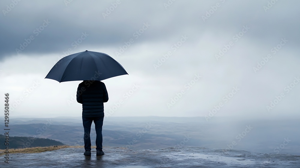 Poster person standing alone under an umbrella on a cloudy day overlooking a scenic landscape : generative 