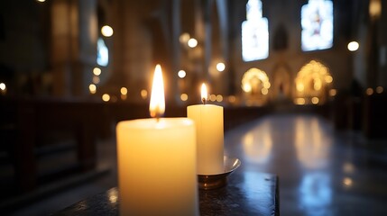 Warm candlelight glowing softly in an empty church creating a serene atmosphere : Generative AI