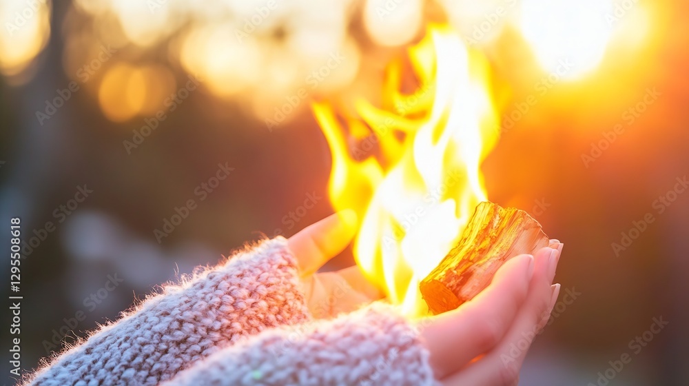 Poster hands holding a burning log with flames against a beautiful sunset background : generative ai