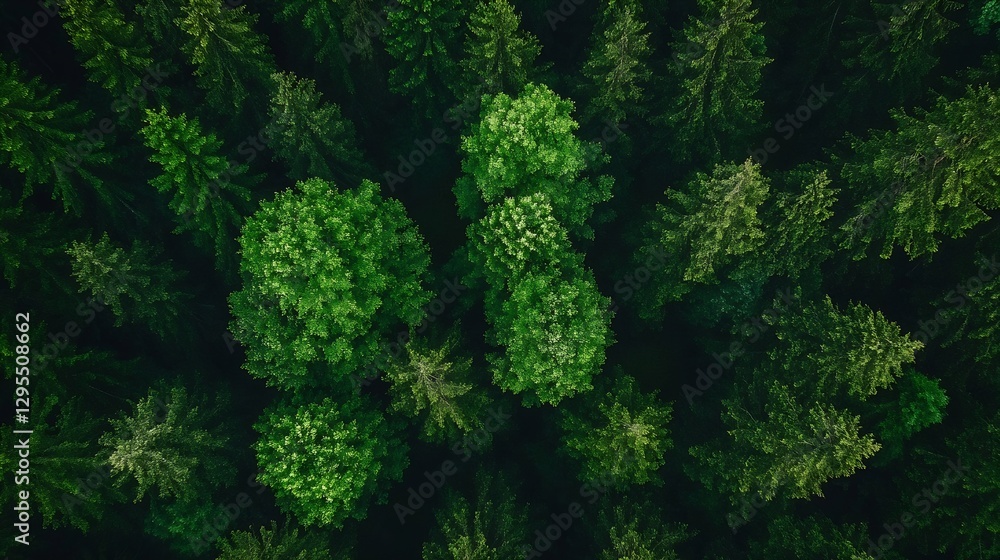 Poster aerial view of a dense green forest showcasing a variety of tall trees and lush foliage : generative