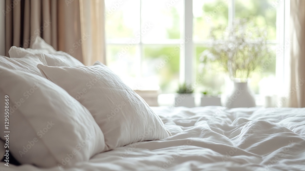 Aufkleber minimalistic bedroom with soft pillows and natural light filtering through window : generative ai