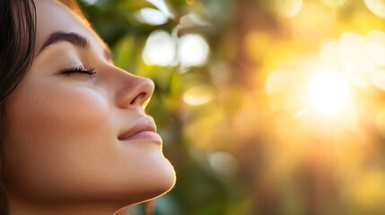 Fototapeta premium Calm Woman Enjoying Sunshine and Nature with a Peaceful Expression Bathed in Golden Light : Generative AI
