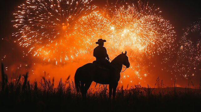 A silhouette of a cowboy standing beside his horse, set against a sky illuminated by vibrant fireworks