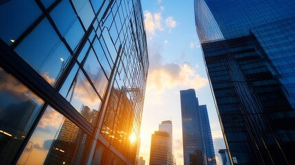 Urban skyline showcasing modern glass buildings reflecting sunset hues creating artistic beauty : Generative AI