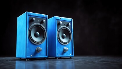Blue speakers on dark background. 3D illustration. Audio equipment