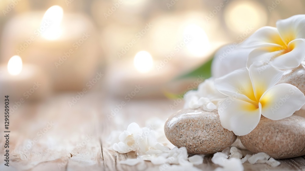 Poster zen spa setting with plumeria flowers and soft candlelight : generative ai