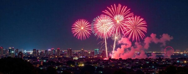 New Year fireworks exploding in the night sky over a cityscape, fireworks display, new year celebrations, city skyline