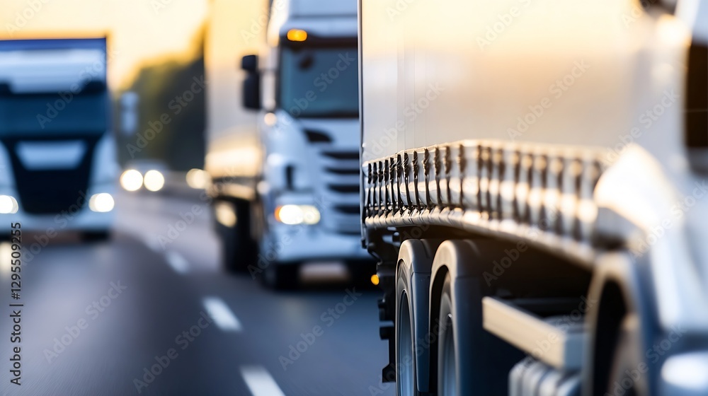 Poster blurry view of trucks on a highway in motion during sunset : generative ai