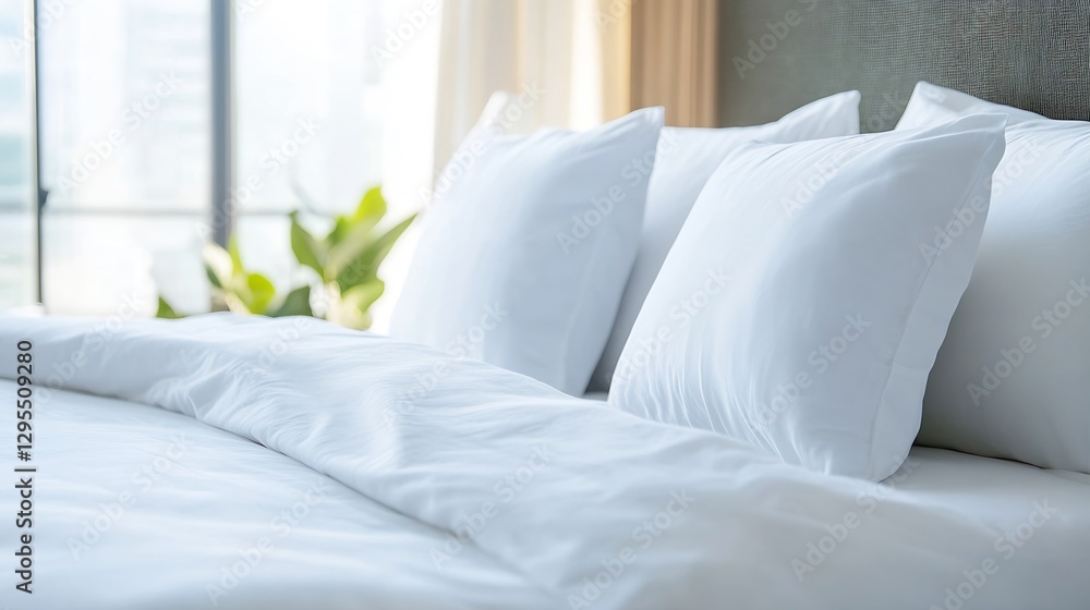 Poster fresh white pillows on a luxurious bed with natural light streaming through the window : generative 