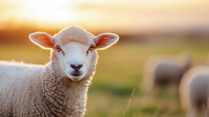 Fototapeta premium Charming sheep with a fluffy coat capturing the golden hour light in a tranquil pasture : Generative AI