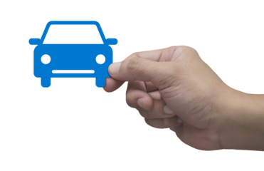 Hand holding car flat icon in fingers isolated on white background, Business transportation service concept