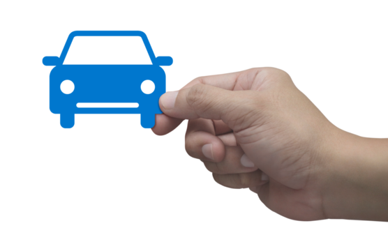 Hand holding car flat icon in fingers isolated on white background, Business transportation service concept