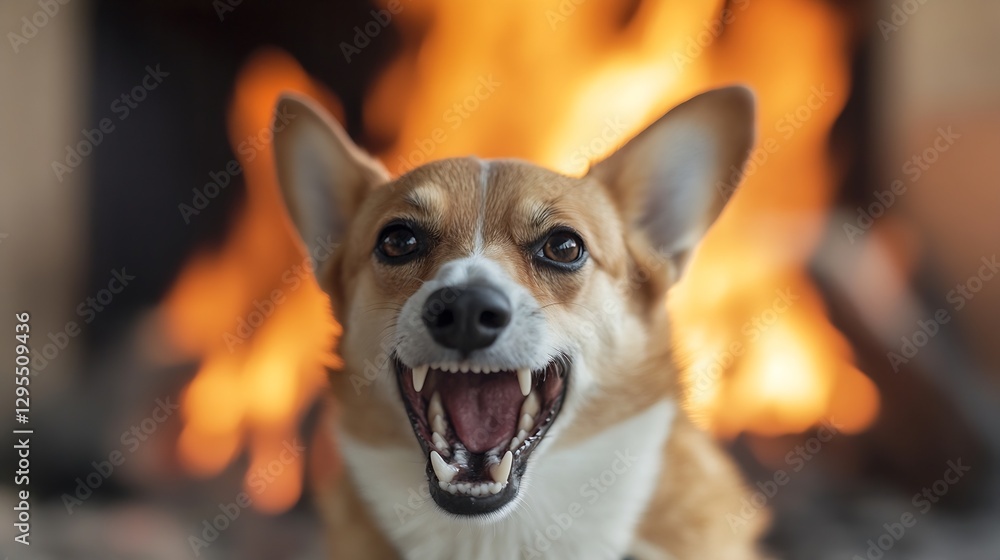 Aufkleber Happy Corgi Dog with Open Mouth Smiling in Front of a Cozy Fireplace : Generative AI