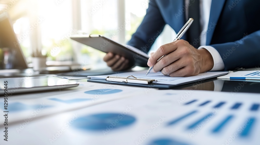 Poster businessman analyzing financial reports and taking notes in contemporary office setting : generative