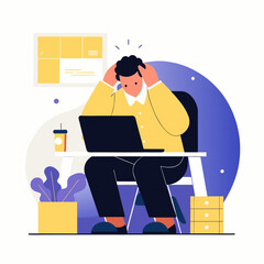 Stressed young adult male in casual attire working at a home office, hands on head in contemplation. Frustrated professional software developer in a modern home office setting -