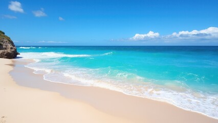 Obraz premium Sant Pere Beach with its pristine white sand, turquoise waters, and clear blue sky creates a picturesque and serene coastal scene.