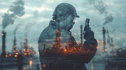A double exposure image of engineers holding safety helmets and walkie-talkies, superimposed over the backdrop of an oil and gas refinery, representing the industrial sector concept