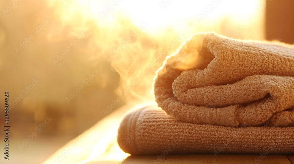 Poster Soft Towels Rolled on a Table with Gentle Steam in Warm Light : Generative AI
