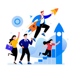 Business team achieving success with upward mobility in a modern office setting. Diverse professionals in professional attire moving up a graph, symbolizing career advancement and growth.