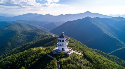 Fototapeta premium Stunning Mountain Top View of a Historic Watchtower and Surrounding Greenery : Generative AI