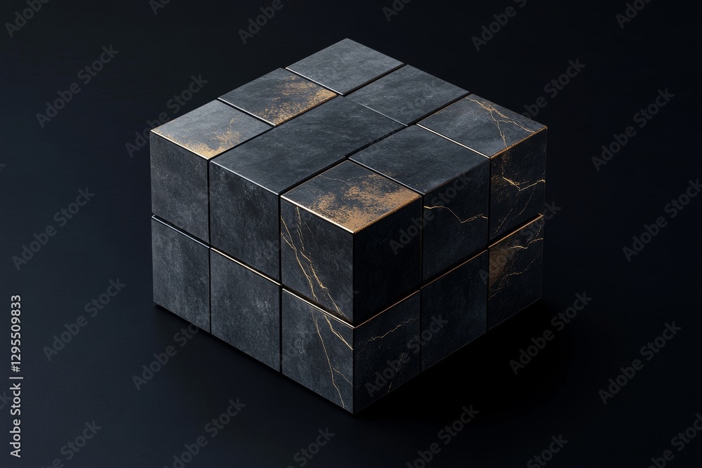 Poster Hyper realistic isometric view of an abstract architectural cube with dark grey and bronze accents