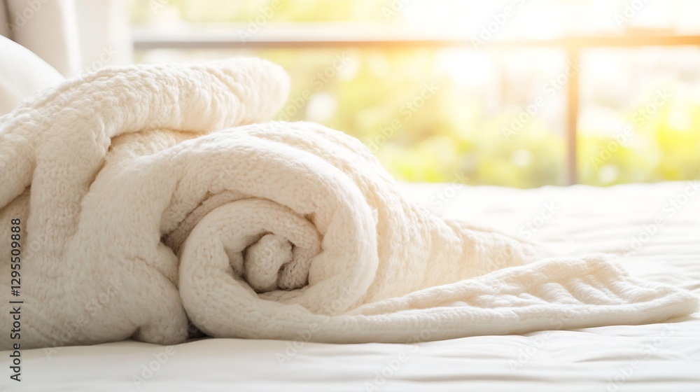 Leinwandbilder soft white blanket neatly rolled up on a sunlit bed creating a serene and inviting atmosphere : gene